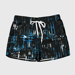 Шорты женские Бело-синяя тревожная абстракция на чёрном фоне, цвет: 3D-принт