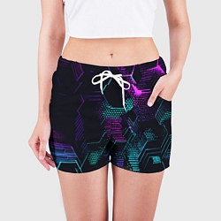Шорты женские Розово-голубые точки и линии на чёрном фоне, цвет: 3D-принт — фото 2