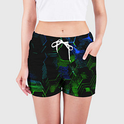 Шорты женские Сине-зелёные точки и линии на чёрном фоне, цвет: 3D-принт — фото 2