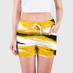 Шорты женские Горизонтальные чёрно-белые линии на жёлтом фоне, цвет: 3D-принт — фото 2