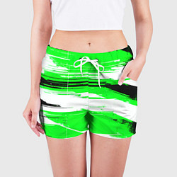Шорты женские Горизонтальные чёрно-белые линии на зелёном фоне, цвет: 3D-принт — фото 2