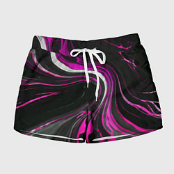 Шорты женские Волнистые бело-розовые линии на чёрном фоне, цвет: 3D-принт