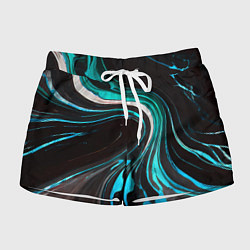 Шорты женские Волнистые бело-голубые линии на чёрном фоне, цвет: 3D-принт