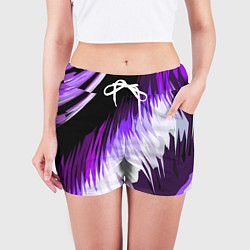Шорты женские Бело-фиолетовые острые полосы на чёрном фоне, цвет: 3D-принт — фото 2