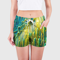 Шорты женские Золотисто-зеленые потеки, цвет: 3D-принт — фото 2