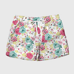 Шорты женские Розы красные и бирюзовые, цвет: 3D-принт