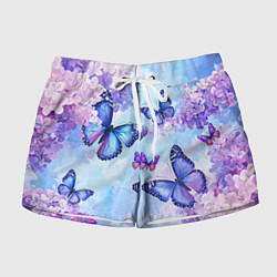Шорты женские Бабочки и сирень - нежная голубая живопись, цвет: 3D-принт