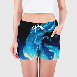 Шорты женские Бело-синее пламя из абстрактных красок, цвет: 3D-принт — фото 2
