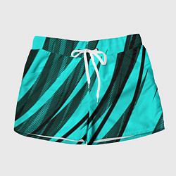 Шорты женские Неоновый голубой с чёрным абстракция с полосами, цвет: 3D-принт