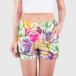 Шорты женские Мопс и праздник, цвет: 3D-принт — фото 2