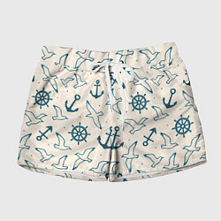 Шорты женские Морской паттерн из штурвалов, чаек и якорей, цвет: 3D-принт