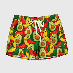 Шорты женские Авокадо, бананы, перцы чили улыбаются - паттерн фр, цвет: 3D-принт