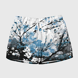 Шорты женские Абстракция чёрное дерево с синими цветами, цвет: 3D-принт