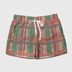 Шорты женские Бледная красно-зелёная клетка и полосы, цвет: 3D-принт