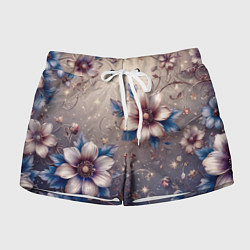 Шорты женские Сине-бежевый дымчатый с цветами, цвет: 3D-принт
