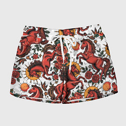 Шорты женские Красный конь в стиле татуировки, цвет: 3D-принт