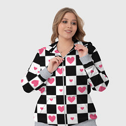 Женский 3D-костюм Розовые сердечки на фоне шахматной черно-белой дос, цвет: 3D-меланж — фото 2
