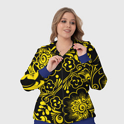 Женский 3D-костюм Хохломская роспись золотые цветы на чёроном фоне, цвет: 3D-синий — фото 2