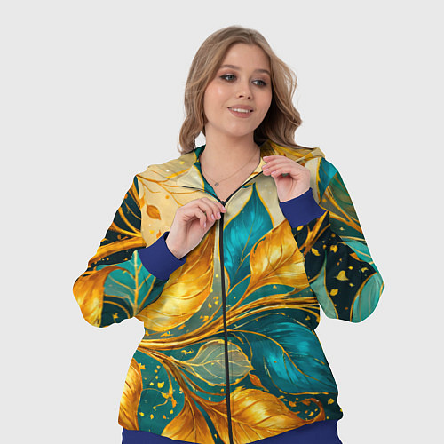 Женский костюм Листья абстрактные золото и бирюза / 3D-Синий – фото 3