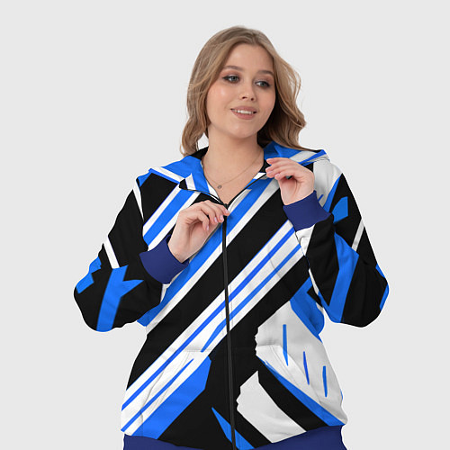Женский костюм Чёрно-синие полосы на белом фоне / 3D-Синий – фото 3