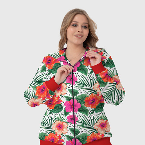 Женский костюм Цветы гибискуса и листья мальмы летний тропический / 3D-Красный – фото 3