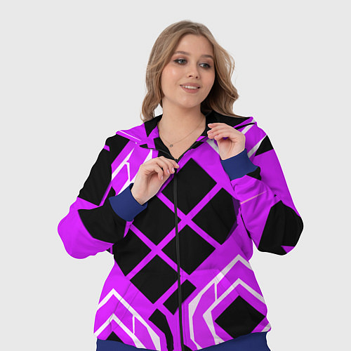 Женский костюм Чёрные квадраты и белые полосы на фиолетовом фоне / 3D-Синий – фото 3