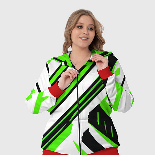 Женский костюм Чёрно-зелёные полосы на белом фоне / 3D-Красный – фото 3