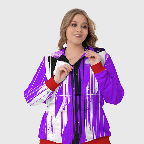 Женский костюм Вертикальные чёрно-белые линии на фиолетовом фоне / 3D-Красный – фото 3
