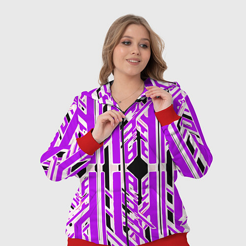 Женский костюм Бело-фиолетовые техно полосы на чёрном фоне / 3D-Красный – фото 3