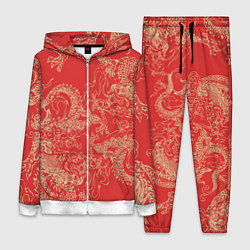 Женский 3D-костюм Золотые драконы на красном, цвет: 3D-белый