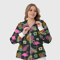 Женский 3D-костюм Фламинго и листья на темно-зеленом, цвет: 3D-белый — фото 2