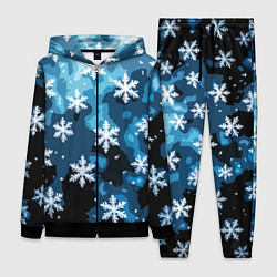 Женский 3D-костюм Стилизованный паттерн со снежинками тёмно-синий, цвет: 3D-черный
