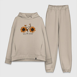 Женский костюм оверсайз Велосипед с подсолнухами, цвет: миндальный