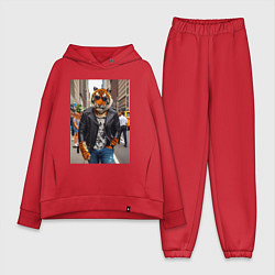 Женский костюм оверсайз Cool tiger on the streets of New York - ai art, цвет: красный