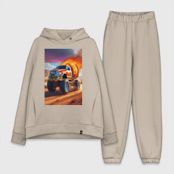 Женский костюм оверсайз Горящая машина, цвет: миндальный