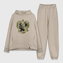 Женский костюм оверсайз Герб России и воины на оливковом фоне, цвет: миндальный