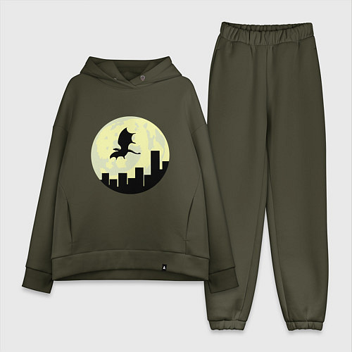 Женский костюм оверсайз Дракон, летящий над городом / Хаки – фото 1