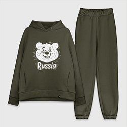 Женский костюм оверсайз Россия и медведь, цвет: хаки