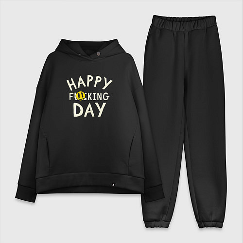 Женский костюм оверсайз Happy f**king day - надпись и смайл / Черный – фото 1