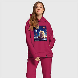 Женский костюм оверсайз Котик космос, цвет: маджента — фото 2