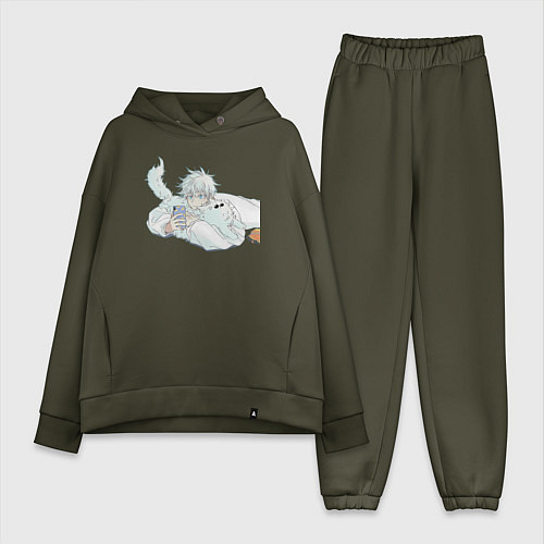 Женский костюм оверсайз Магическая битва Сатору Годзё с котом / Хаки – фото 1