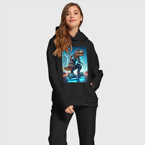 Женский костюм оверсайз Cyber tyrannosaur on a hoverboard - neon glow fant / Черный – фото 2