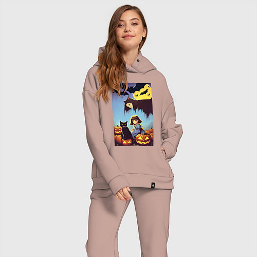 Женский костюм оверсайз Ведьма зависла над девочкой и котом / Пыльно-розовый – фото 2