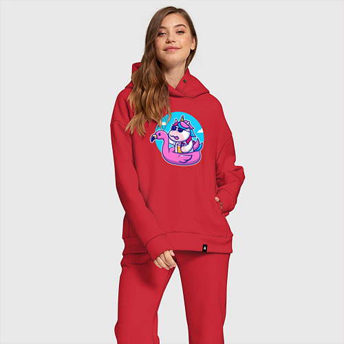 Женский костюм оверсайз Единорожек и фламинго / Красный – фото 2