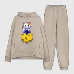 Женский костюм оверсайз Котик на луне, цвет: миндальный