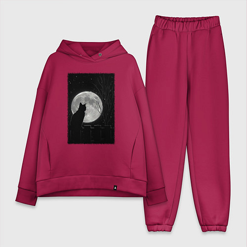 Женский костюм оверсайз Кот при луне / Маджента – фото 1