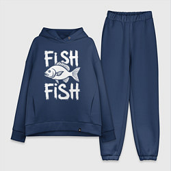 Женский костюм оверсайз Рыба с надписью на английском, цвет: тёмно-синий