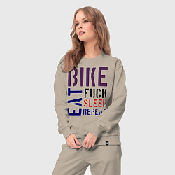 Костюм хлопковый женский Bike eat sleep repeat, цвет: миндальный — фото 2