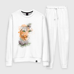 Костюм хлопковый женский Акварельный тигр в сосновых веточках, цвет: белый
