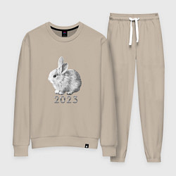 Костюм хлопковый женский Новогодний белый кролик, символ 2023 года, цвет: миндальный
